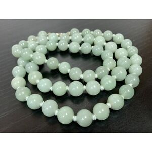 Vintage Sterling Silver Hand Knotted Natural Jade Necklace 30" L
